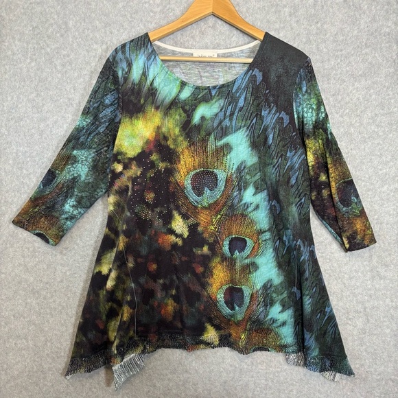 Indigo Soul Peacock Feathers Print Tunic Top-Women Size XL - Picture 2 of 9